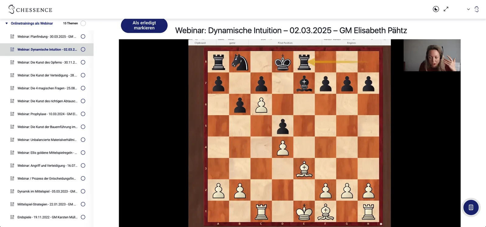 Webinar-Aufzeichnung Screenshot aus der Chessence Premium-Mitgliedschaft