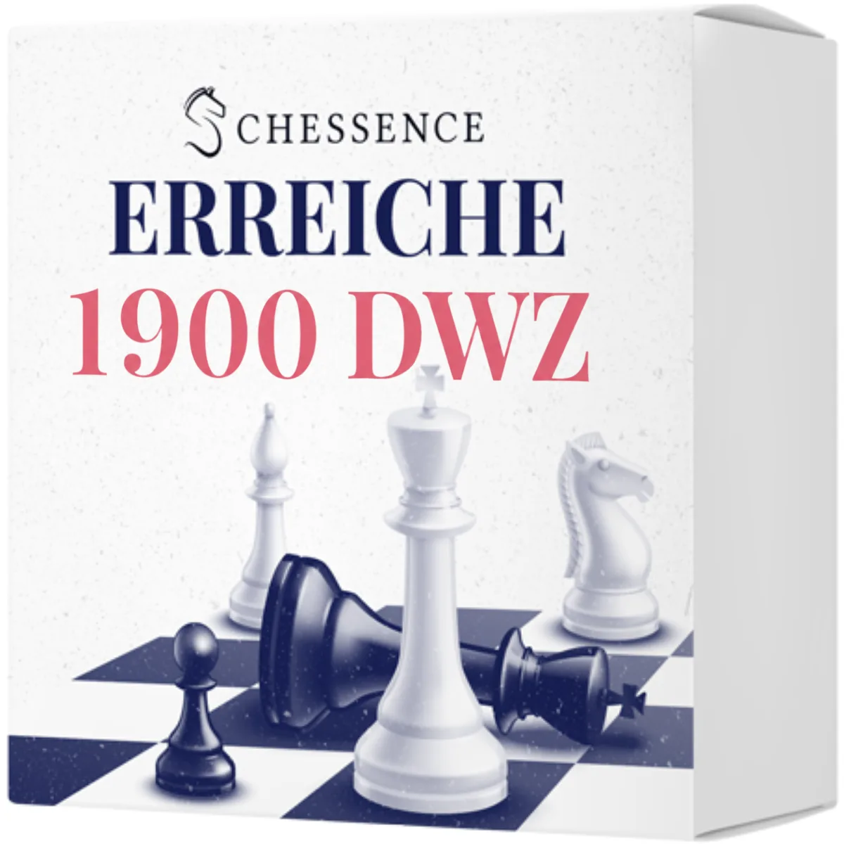 Produktbox Erreiche 1900 DWZ mit Chessence Logo und Schachfiguren