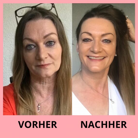 Chi statt Botox – Videokurs für Gesichtsyoga von Christina Schmied 6 Vorher-Nachher Portrait einer Frau mit deutlich sichtbarer Hautverbesserung und reduziertem Faltenbild