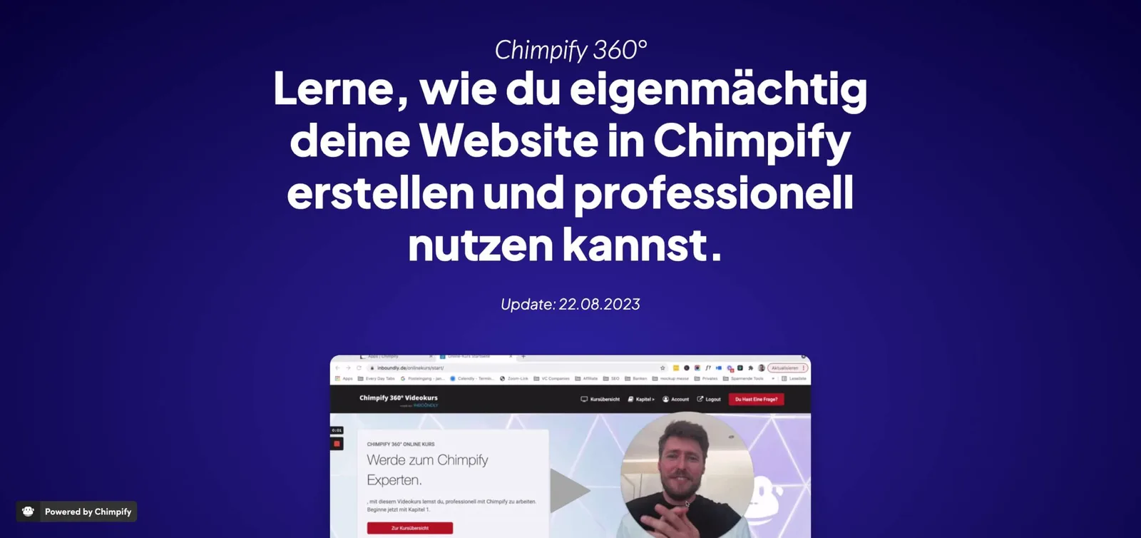 Hero-Banner Chimpify 360° Videokurs mit Kurs-Titel und Lernversprechen auf dunklem Hintergrund