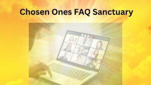 Hero-Banner für Chosen Ones FAQ Sanctuary mit gelbem Himmelshintergrund und Laptop-Bildschirm zeigt Video-Konferenz mit Teiln