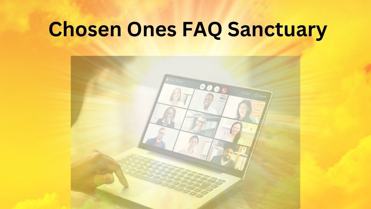 Hero-Banner für Chosen Ones FAQ Sanctuary mit gelbem Himmelshintergrund und Laptop-Bildschirm zeigt Video-Konferenz mit Teiln
