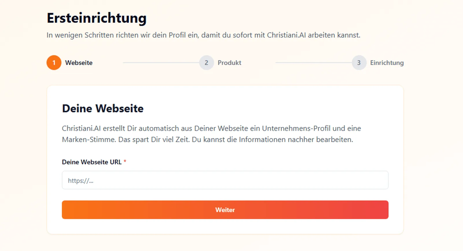 Screenshot einer Setup-Seite mit Schritt 1 von 3 und Eingabefeld für Website-URL