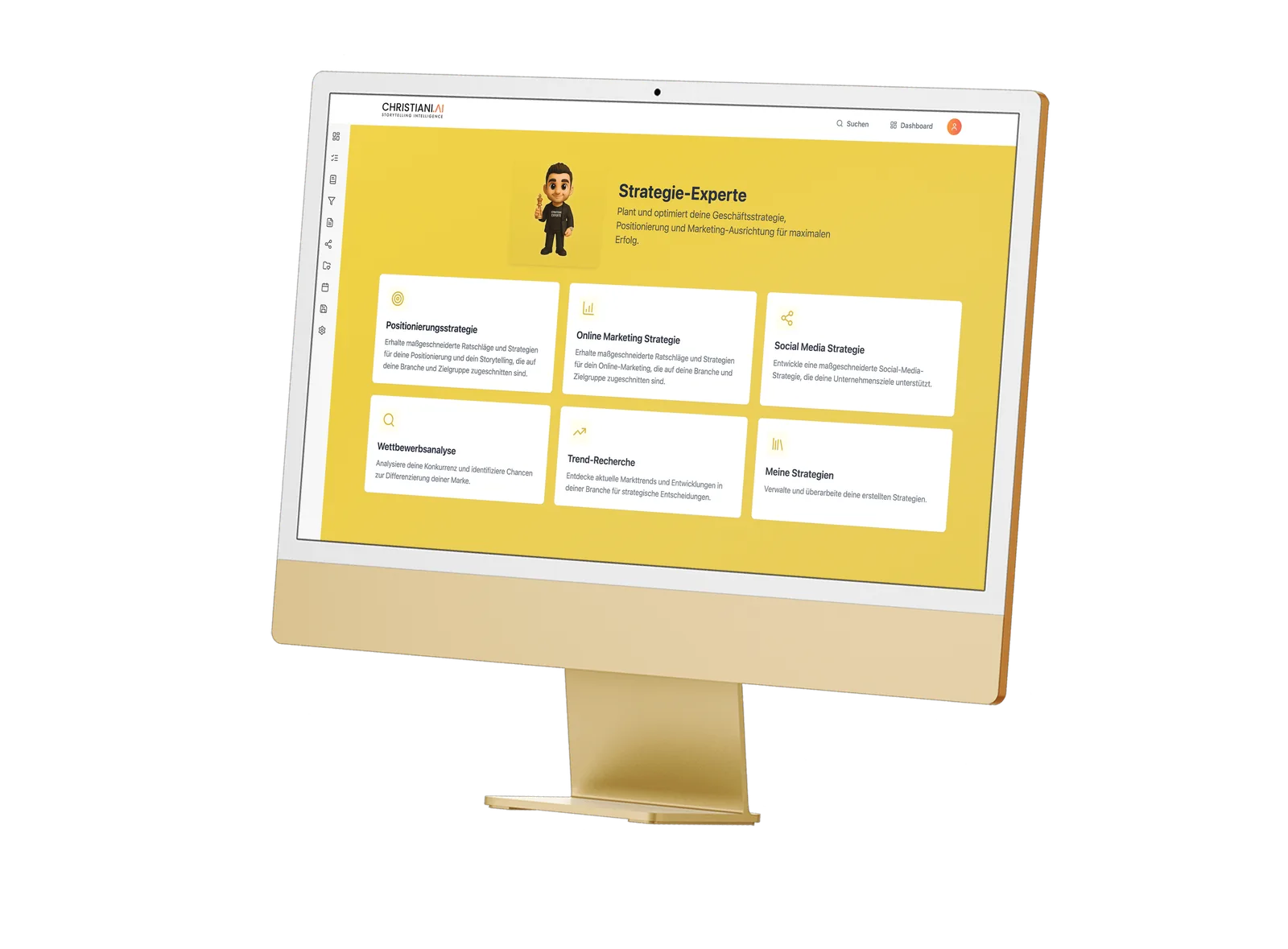 Monitor mit Christiani.AI Interface, Strategie-Experte Modul in Gelb, weiblicher Cartoon-Avatar und Strategiekarten