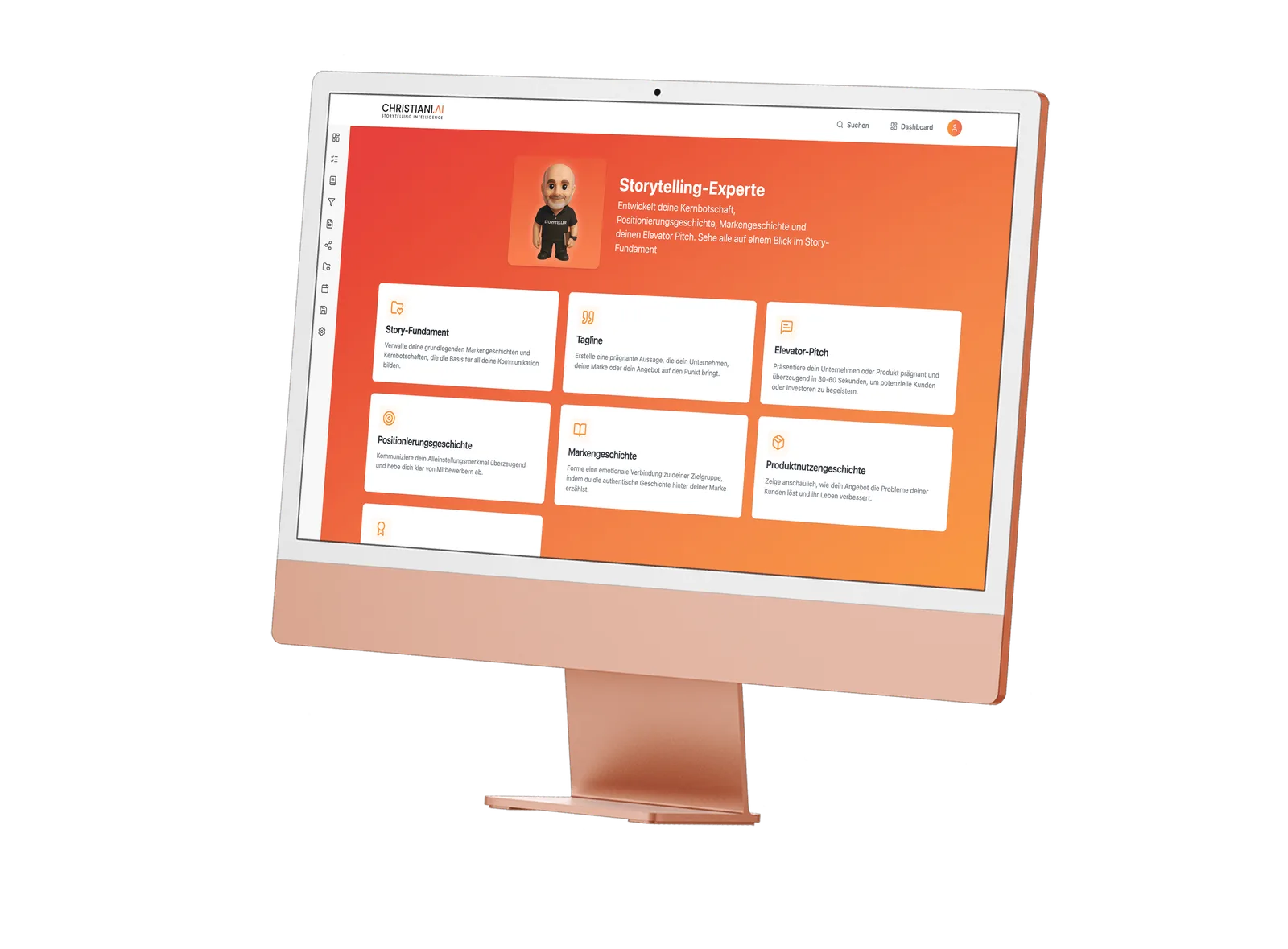 Monitor mit Christiani.AI Interface, Storytelling-Experte Modul in Orange-Rot, männlicher Cartoon-Avatar und Story-Karten