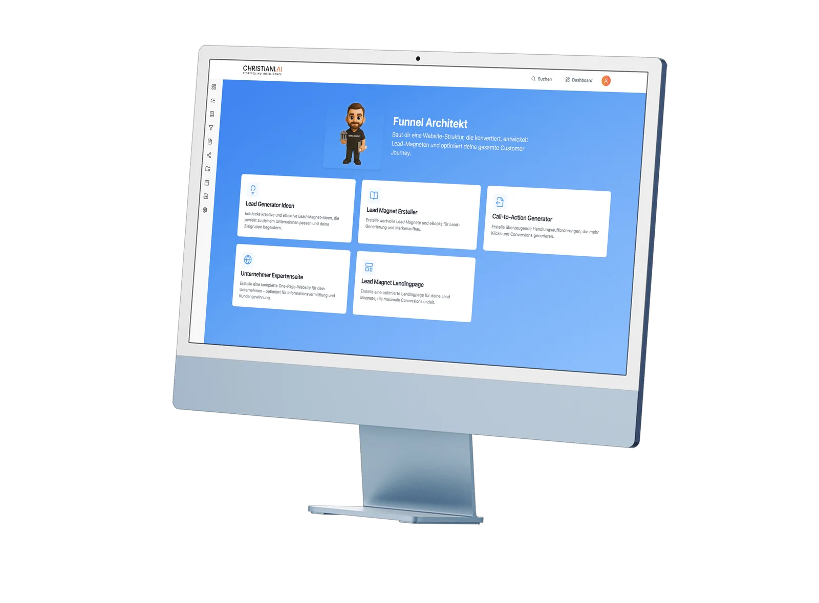 Monitor mit Christiani.AI Interface, Funnel Architekt Modul in Blau, Cartoon-Avatar und Servicekarten