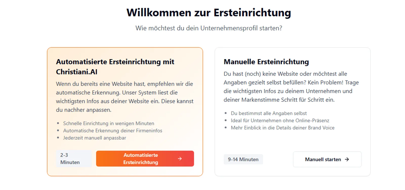 Screenshot einer Onboarding-Seite mit Überschrift und zwei Button-Optionen zur Ersteinrichtung