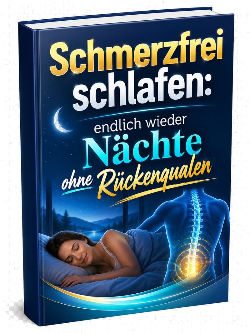 E-Book-Cover Schmerzfrei schlafen mit schlafender Person und Wirbelsäule bei Nacht