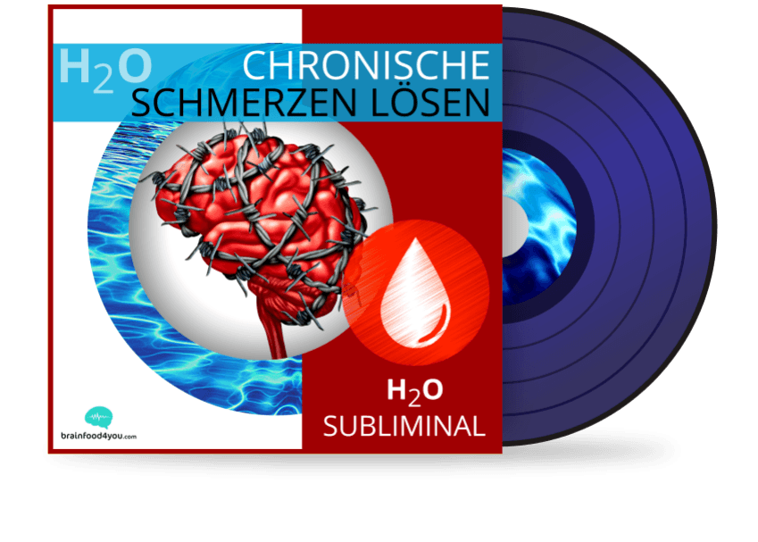 Chronische Schmerzen lösen – Audio-Programm mit Subliminals 8 Schallplatte mit lila Vinylpressung, H2O-Motiv mit Wasser und Tropfen-Symbol