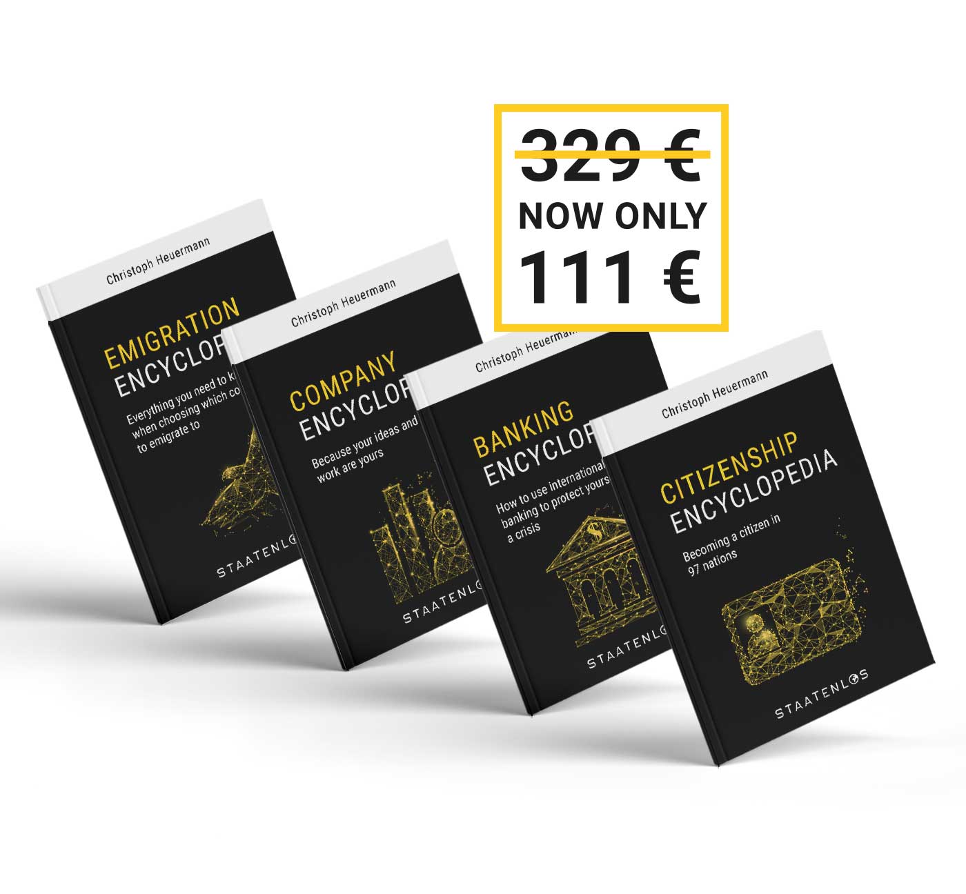 Mockup von vier E-Books mit Rabatt-Banner, 329€ jetzt nur 111€