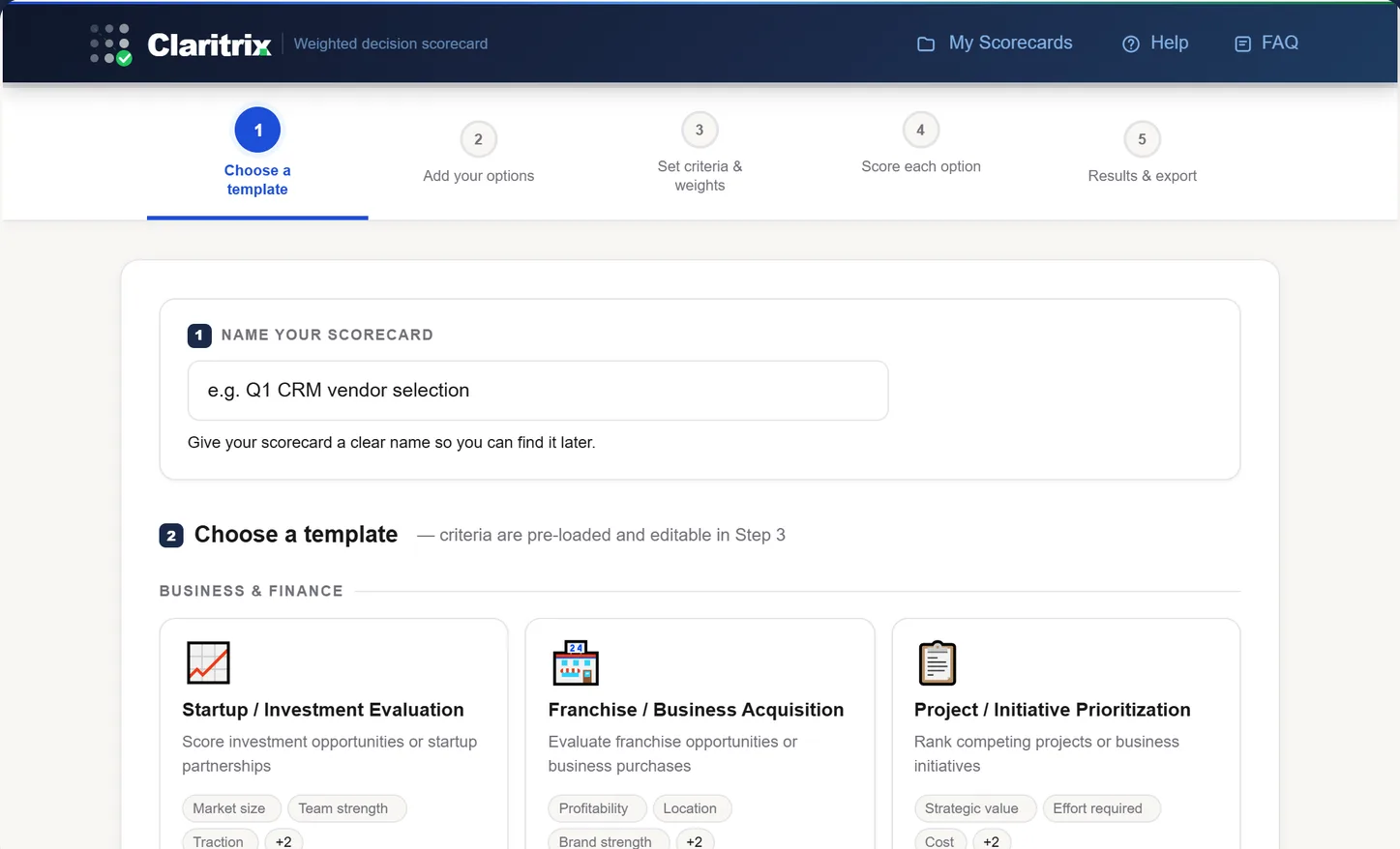 Claritrix Template-Picker zeigt Business & Finance Kategorie mit vordefinierter Kriterien