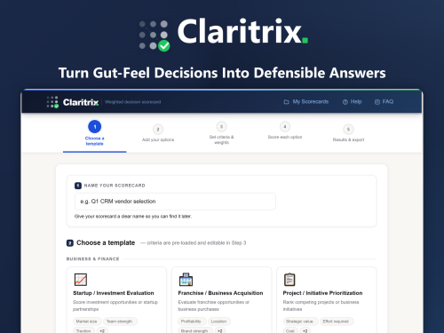 Claritrix Mockup zeigt Hero-Sektion mit Tagline und Schritt-für-Schritt Prozess mit fünf Phasen