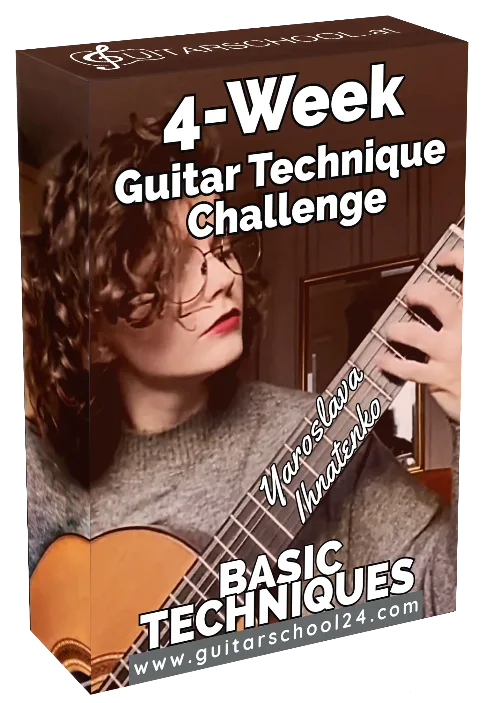 Produktbox des 4-Week Guitar Technique Challenge Kurses mit Gitarre und Kursleiterin