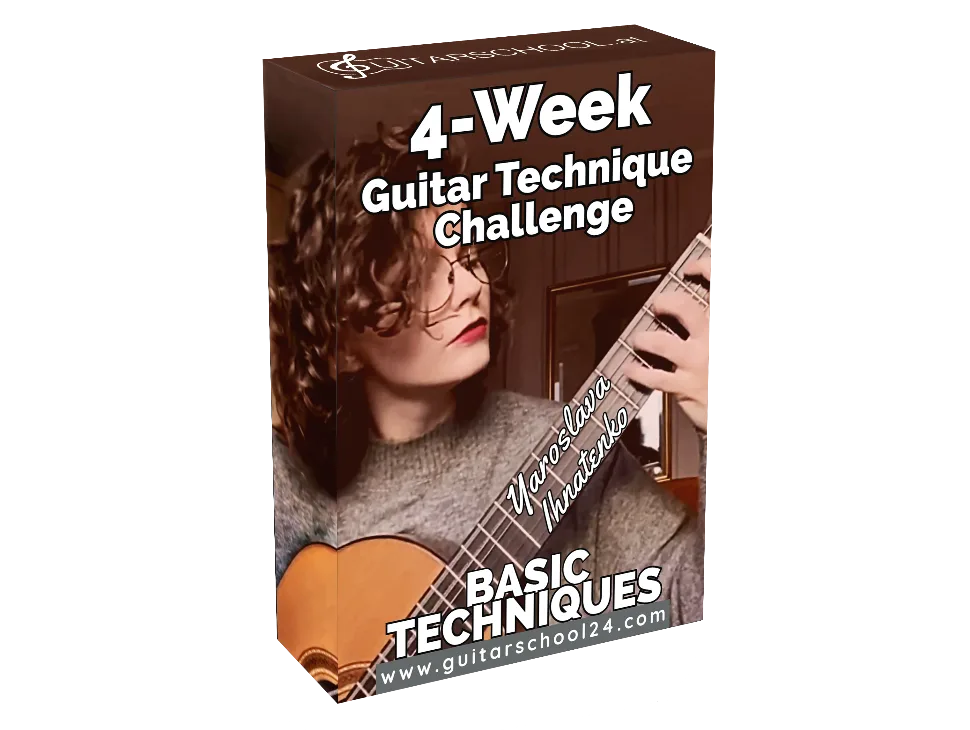 3D-Ansicht der Produktbox 4-Week Guitar Technique Challenge mit Gitarre und Kursleiterin