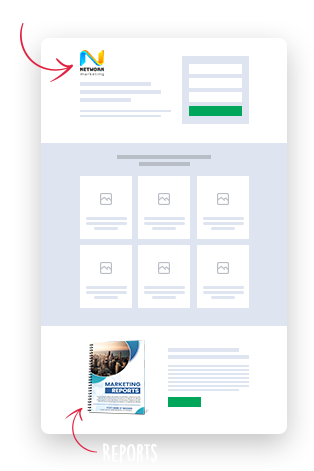 ClickDesigns Report-Vorlagen mit Netzwerk-Logo und mehrspaltiges Layout auf Tablet