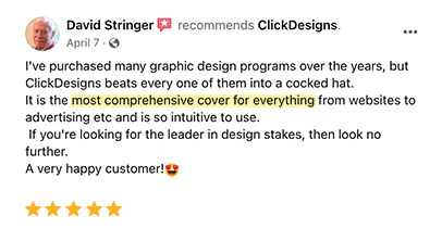 Testimonial von David Stringer empfiehlt ClickDesigns als umfassendes Design-Programm mit 5 Sternen