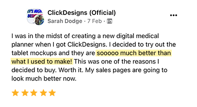 Testimonial von Sarah Dodge zu ClickDesigns Tablet Mockups Qualität mit 5-Stern-Bewertung