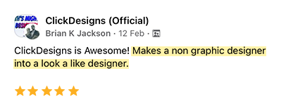 Testimonial von Brian K Jackson nennt ClickDesigns Game Changer für Non-Designer mit 5 Sternen