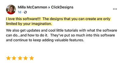 Testimonial von Milla McCammon über ClickDesigns mit 5-Stern-Bewertung