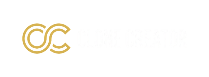 Minimalistische Wort-Wort-Kombination CC Logo in Gold auf weißem Hintergrund, verschlungene Linien bilden abstrakte Doppelfor