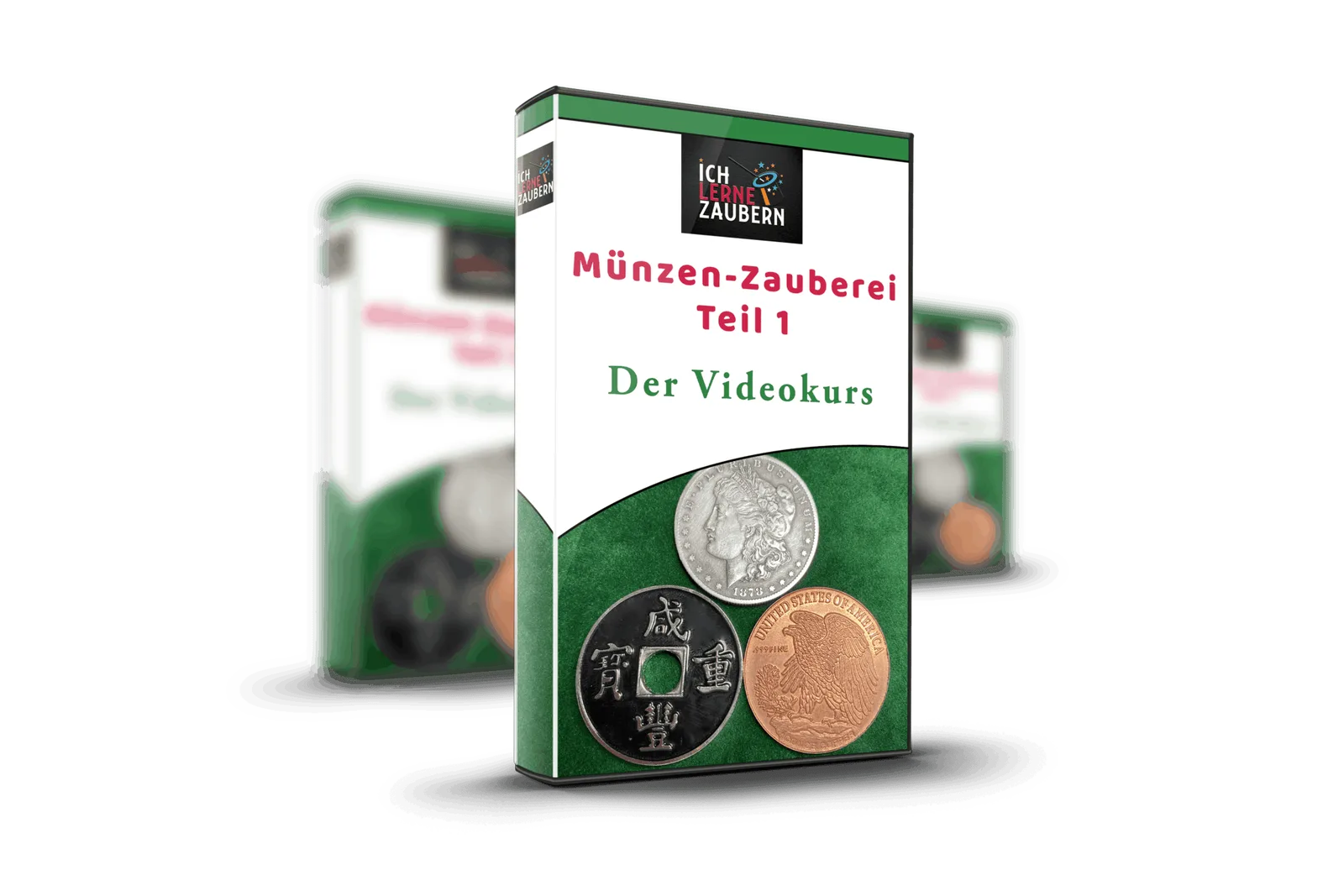 Münzen-Zauberei Teil 1 3D Box mit drei verschiedenen Münzen auf grünem Hintergrund