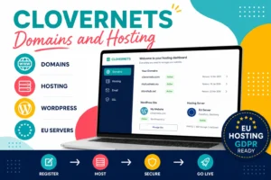 CloverNets Domains und Hosting Dashboard mit Serviceangeboten, EU-Server und GDPR-Zertifizierung