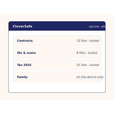 CloverSafe – Software für Zugangsdaten 3 CloverSafe Passwort-Tresor Screenshot mit gesperrten Ordnern für Verträge, IDs, Steuerdaten und Familie