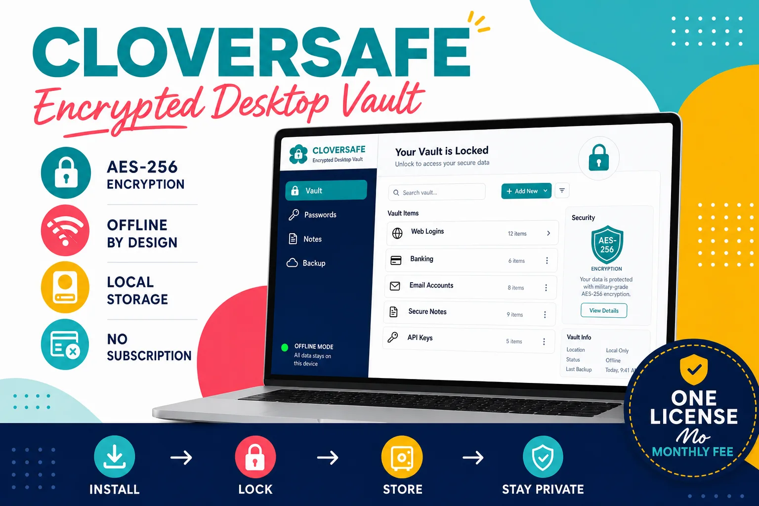 CloverSafe – Software für Zugangsdaten 1 CloverSafe Encrypted Desktop Vault mit AES-256 Verschlüsselung, Offline-Modus und lokaler Speicherung auf Laptop