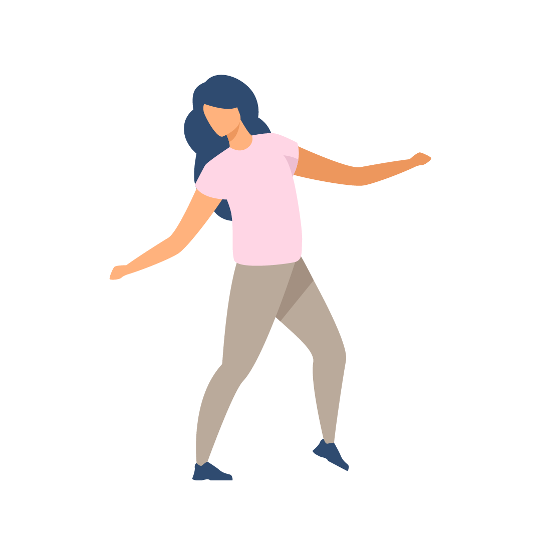Illustration einer Frau mit dunklen Haaren in Rosa- und Beigetönen in dynamischer Pose mit ausgestreckten Armen