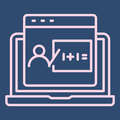 Liniensymbol eines Laptops mit Unterricht-Icon, Person und Tafel mit Rechnung
