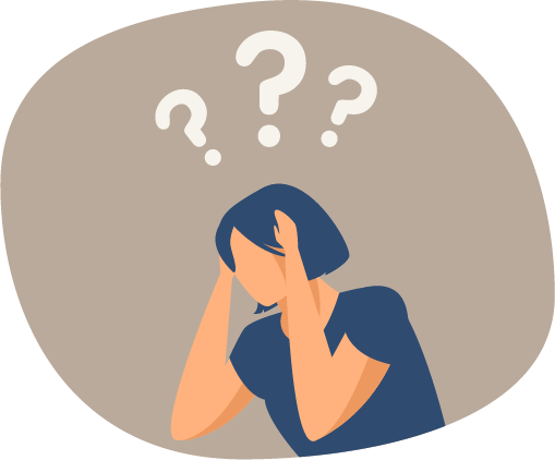 Illustration einer nachdenklich wirkenden Person mit Fragezeichen über dem Kopf