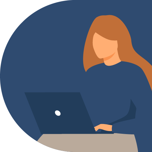 Illustration einer Frau mit orangenen Haaren am Laptop, arbeitet konzentriert an ihrem Computer
