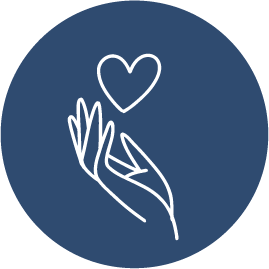 Rundes dunkelblaues Symbol mit weißer Grafik einer Hand mit Herz