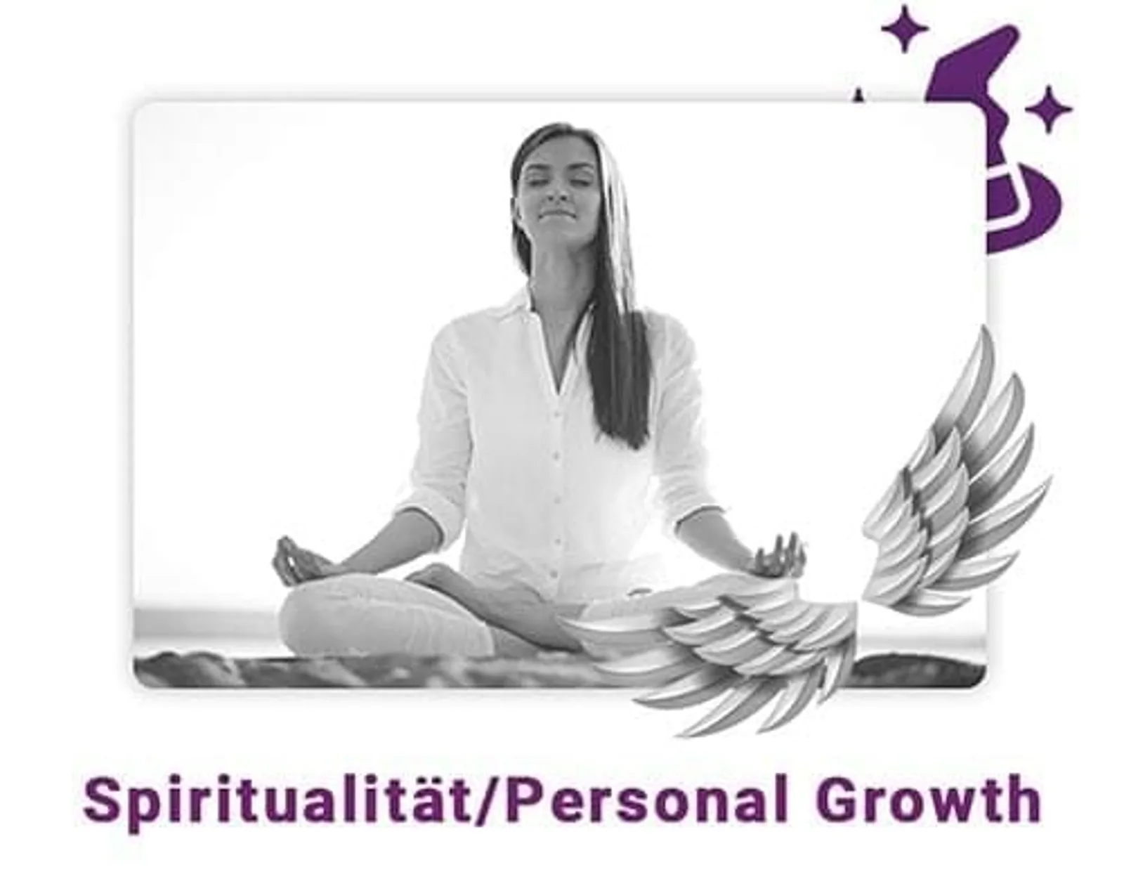 Coaching-Millionär – Buch zum Aufbau eines Coaching-Business 3 Frau in weißem Hemd sitzt meditierend mit Flügel-Grafik und lila Symbolen, Titel Spiritualität/Personal Growth