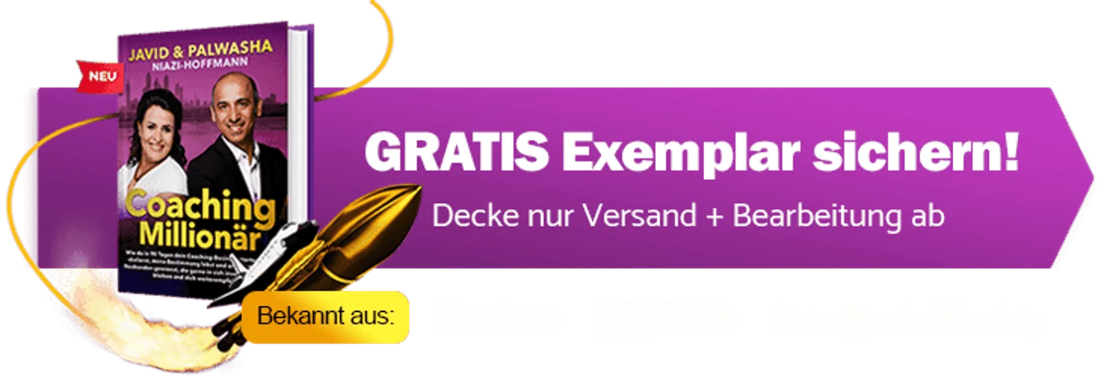 Coaching-Millionär – Buch zum Aufbau eines Coaching-Business 6 Lila Aktions-Banner mit Buch-Cover, Raketensymbol und Call-to-Action 'GRATIS Exemplar sichern! Decke nur Versand + Bearbeitun