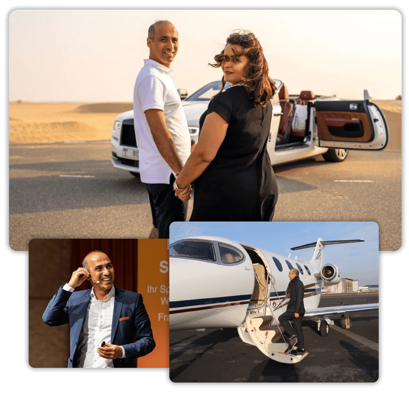 Coaching-Millionär – Buch zum Aufbau eines Coaching-Business 7 Galerieabbildung: Drei Fotos der Autoren Javid & Palwasha Niazi-Hoffmann mit Luxusautos und privatem Jet, 2880×2776 Pixel