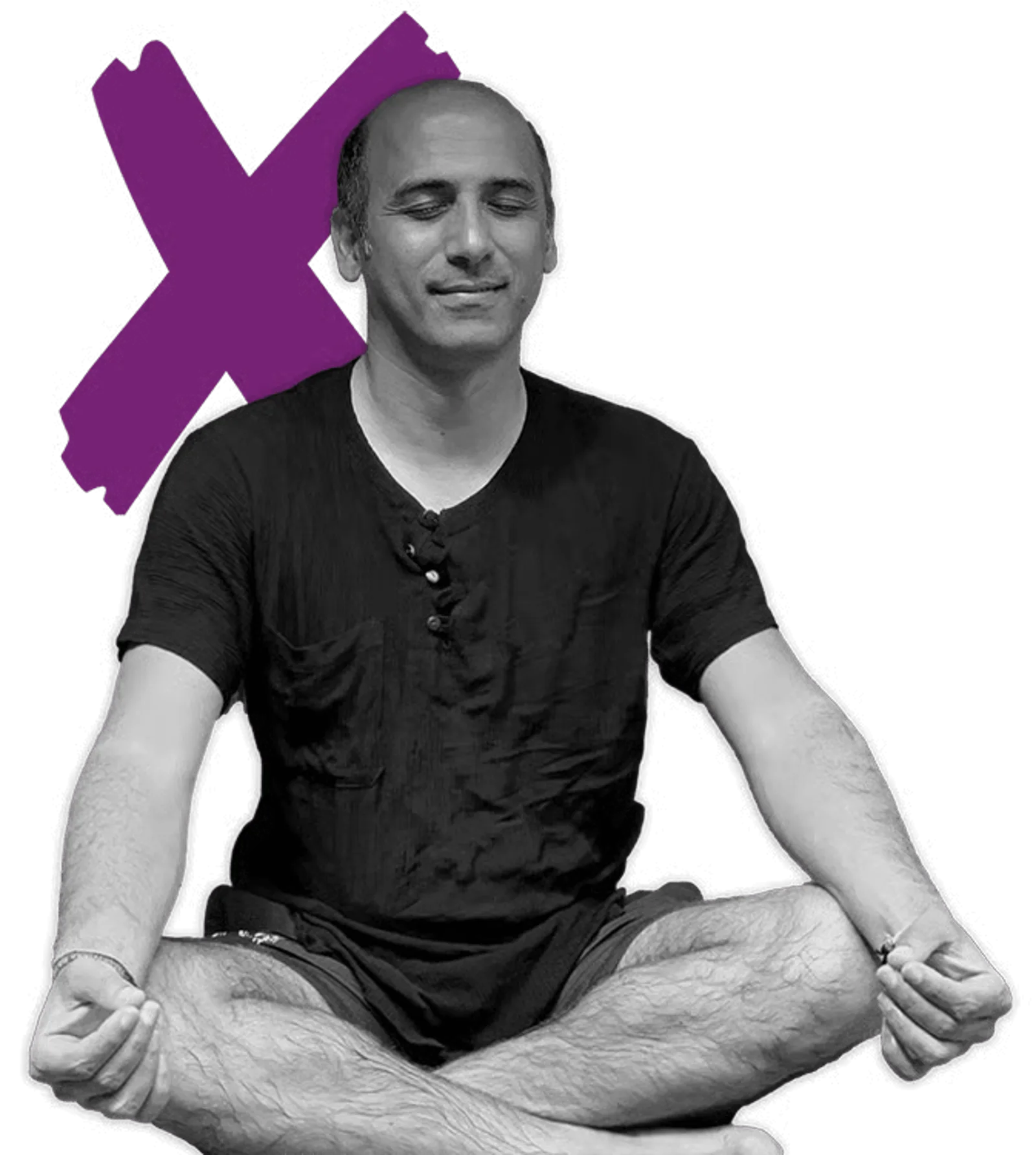 Coaching-Millionär – Buch zum Aufbau eines Coaching-Business 8 Porträt-Foto von Javid Niazi-Hoffmann in Meditation mit lila X-Symbol im Hintergrund, schwarzweiß, 2880×3209 Pixel