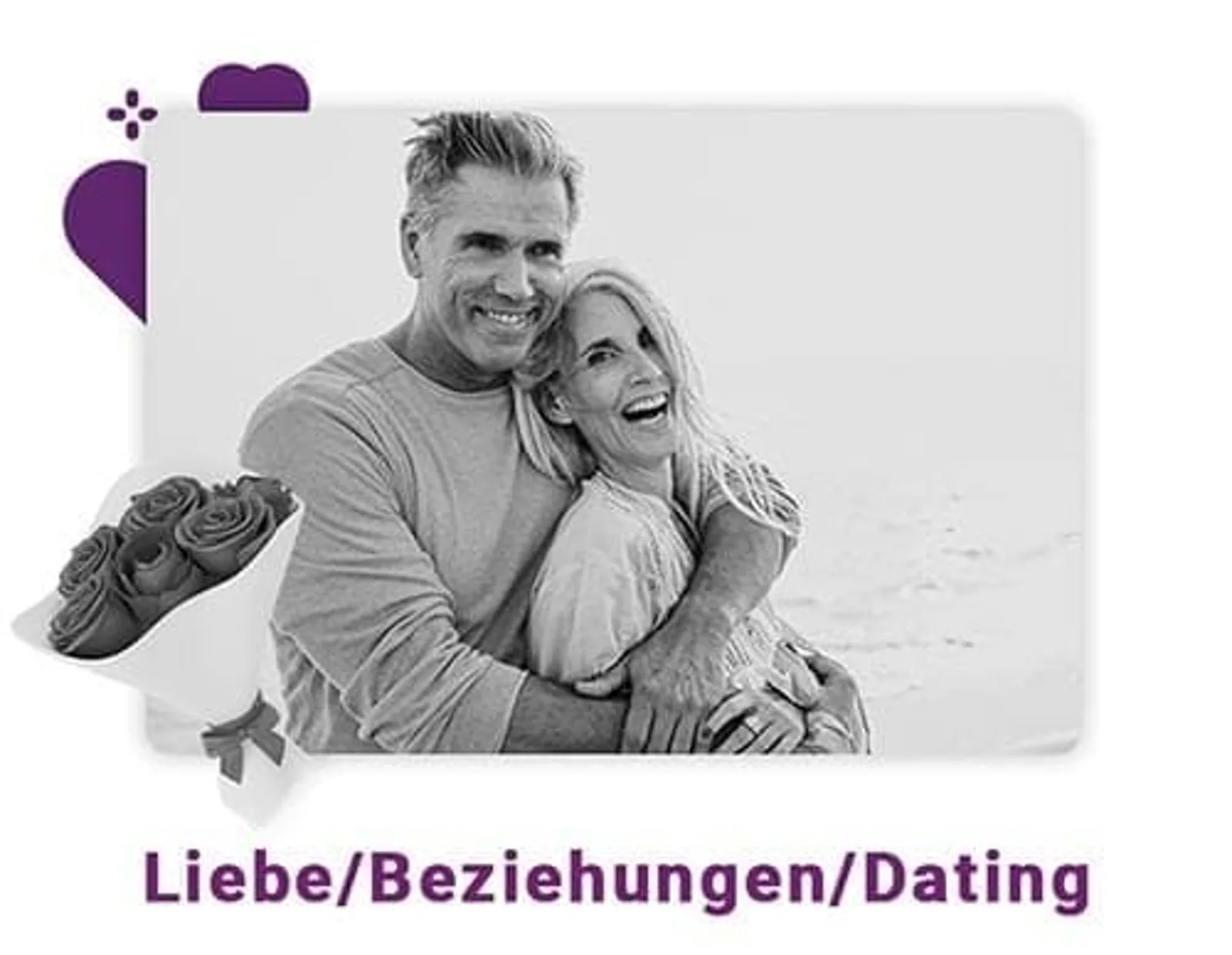 Coaching-Millionär – Buch zum Aufbau eines Coaching-Business 9 Schwarz-Weiß-Foto: Lachendes heterosexuelles Paar umarmt sich, lila Deko-Element, Text 'Liebe/Beziehungen/Dating', 2880×2234