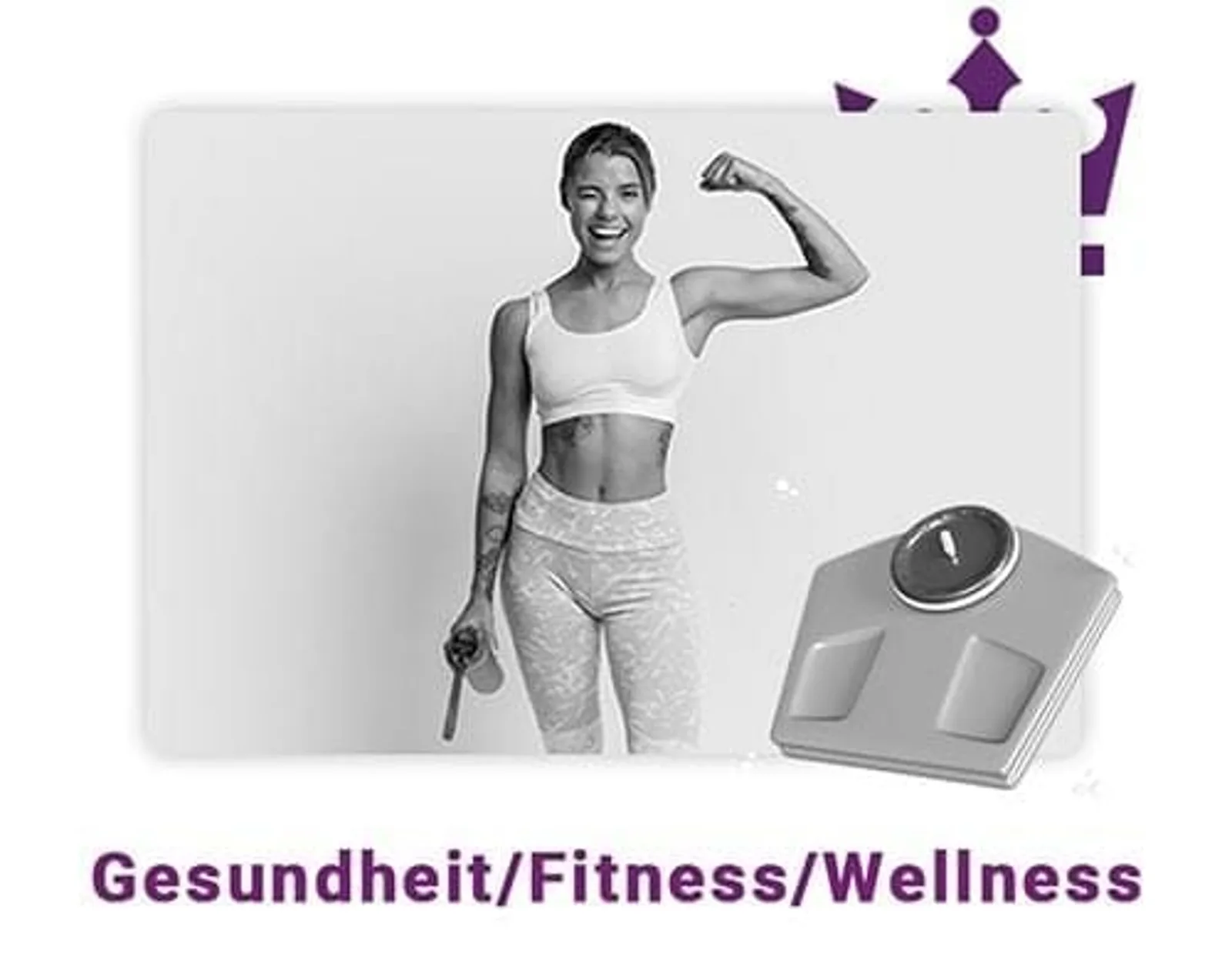 Coaching-Millionär – Buch zum Aufbau eines Coaching-Business 10 Schwarz-Weiß-Foto: Sportliche Frau flexed Muskel neben Waage, lila Deko-Elemente, Text 'Gesundheit/Fitness/Wellness', 2880×22