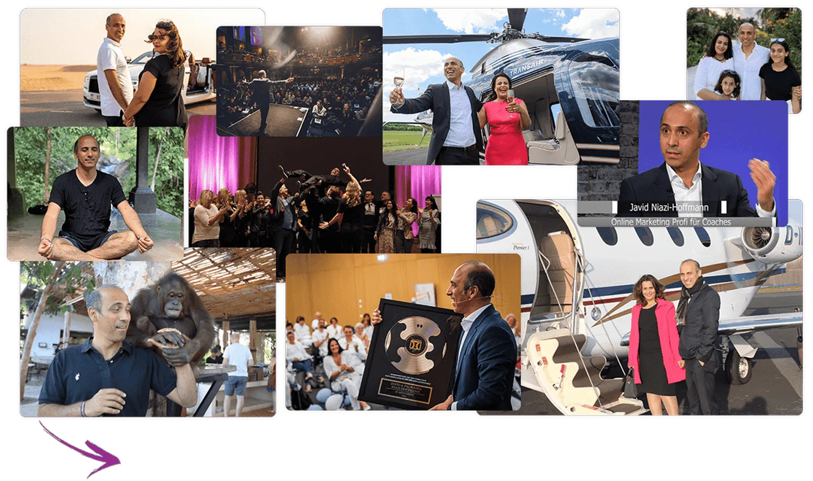 Coaching-Millionär – Buch zum Aufbau eines Coaching-Business 11 Collage mit Javid Niazi-Hoffmann in verschiedenen Situationen: privat, bei Events, mit Flugzeug, Interviews und Familie