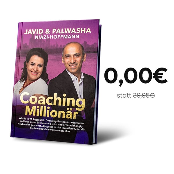 Coaching-Millionär – Buch zum Aufbau eines Coaching-Business 4 Coaching-Millionär Buch-Cover von Javid & Palwasha Niazi-Hoffmann, 600×600 Pixel, mit Porträts der Autoren und Preis 0,00€ st
