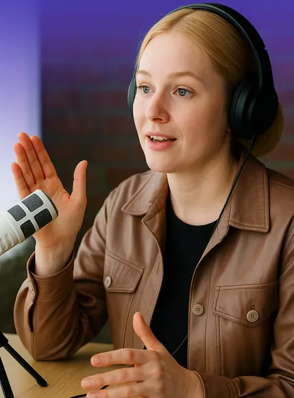 Frau mit Kopfhörern und Smartwatch spricht vor Mikrofon, braune Jacke, lila Hintergrund