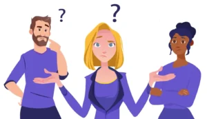 Drei illustrierte Personen mit Fragezeichen, unklar und verunsichert wirkend, lila Theme