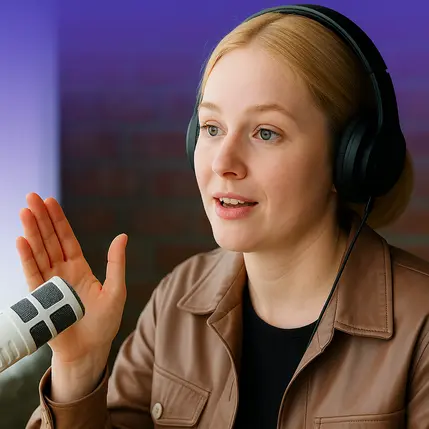 Frau mit Headset und Armband-Controller gestikulierend vor violettem Hintergrund, Mobile-Hero-Bild für Coachy