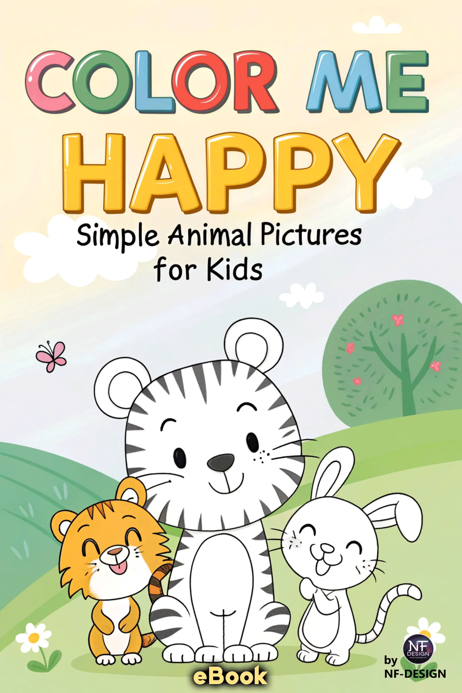 Color Me Happy eBook Cover mit bunten Buchstaben und Tier-Illustrationen