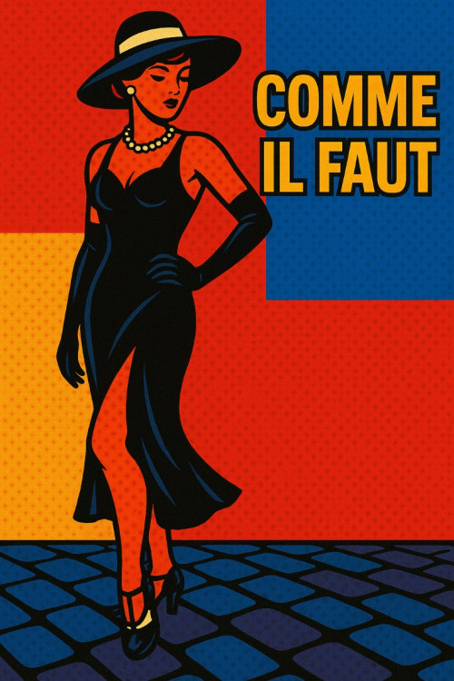 Comme il faut Musik-Cover mit Illustration einer eleganten Frau im schwarzen Kleid und Hut vor farbigem geometrischem Hinterg