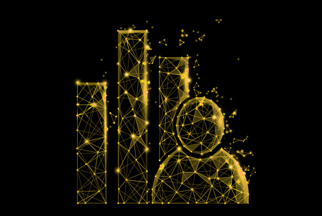 Company Encyclopedia Buchcover-Illustration mit gelbem geometrischem Netzwerk-Design und Stadtsilhouette auf schwarzem Hinter