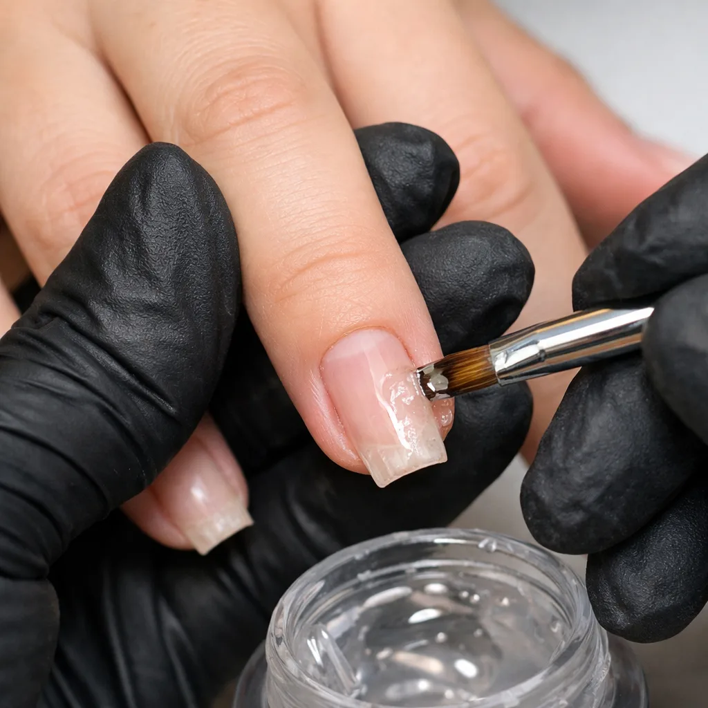 Nageltechniker in schwarzen Handschuhen trägt mit Pinsel transparentes Gel auf natürlichen Nagel auf