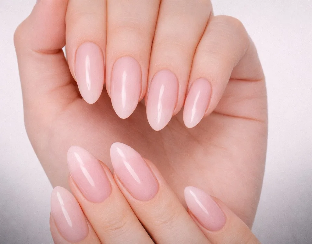 Hand mit ovalen, glänzenden rosa-weißen Nägeln in natürlichem Ombre-Design