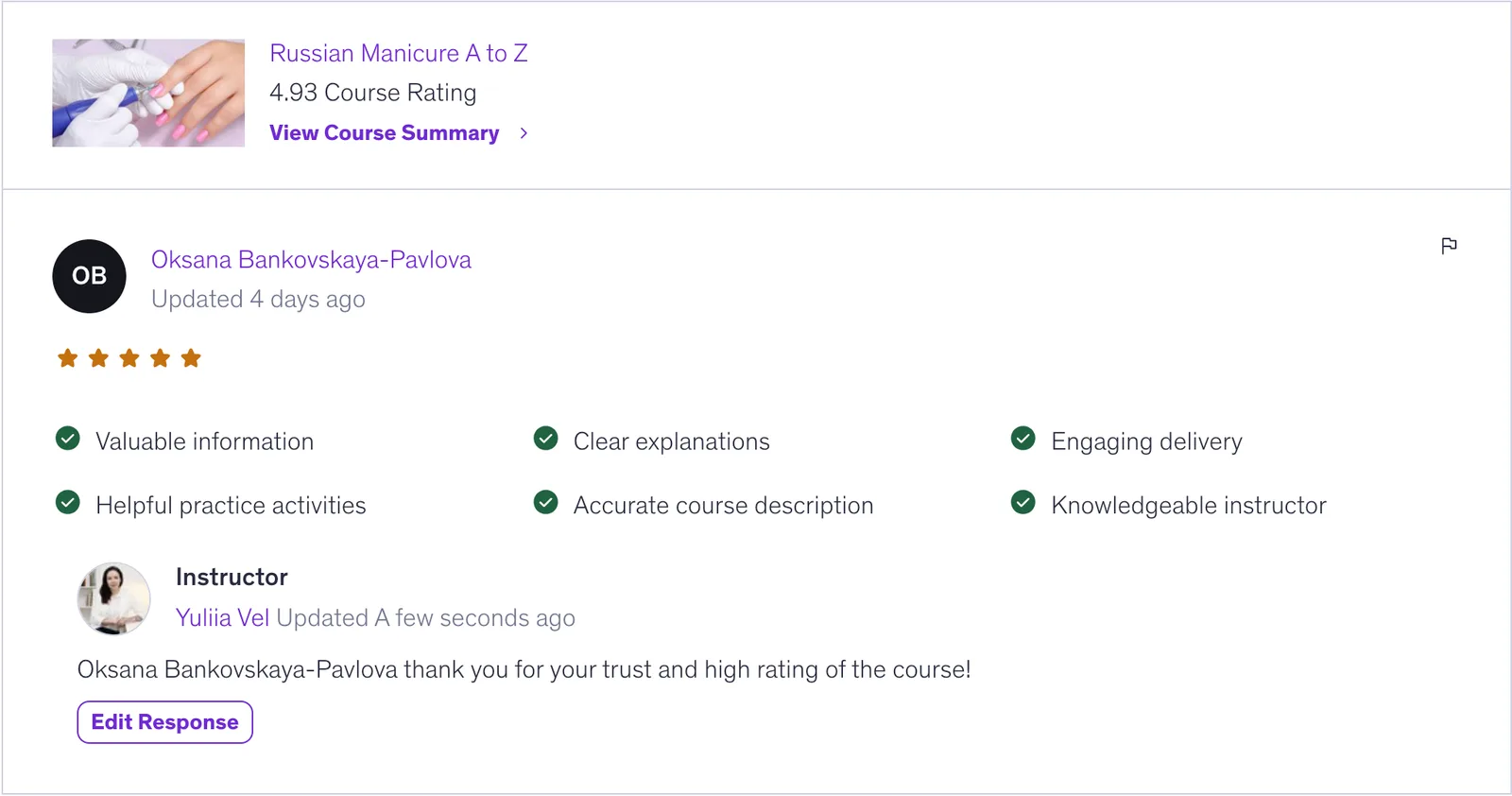 Kundenbewertung für Russian Manicure A to Z Kurs mit 4,93 Sternen und Feedback von Oksana Bankovskaya-Pavlova